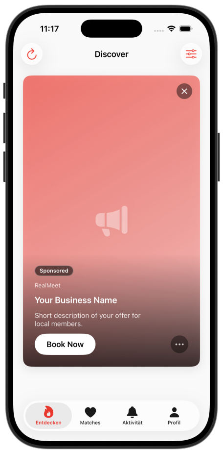 A RealMeet sponsored card shown in the Discover feed on an iPhone, with the Sponsored label, business name, description and call-to-action button.
